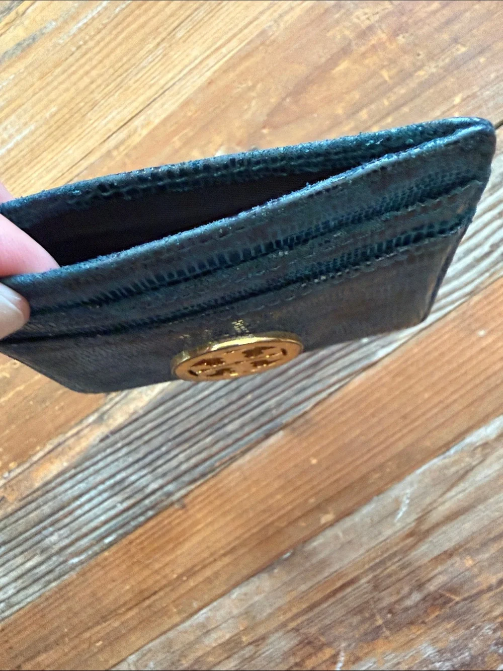 Tory Burch Teal Blue Lizard-Embossed Leather Card Case with Gold Logo